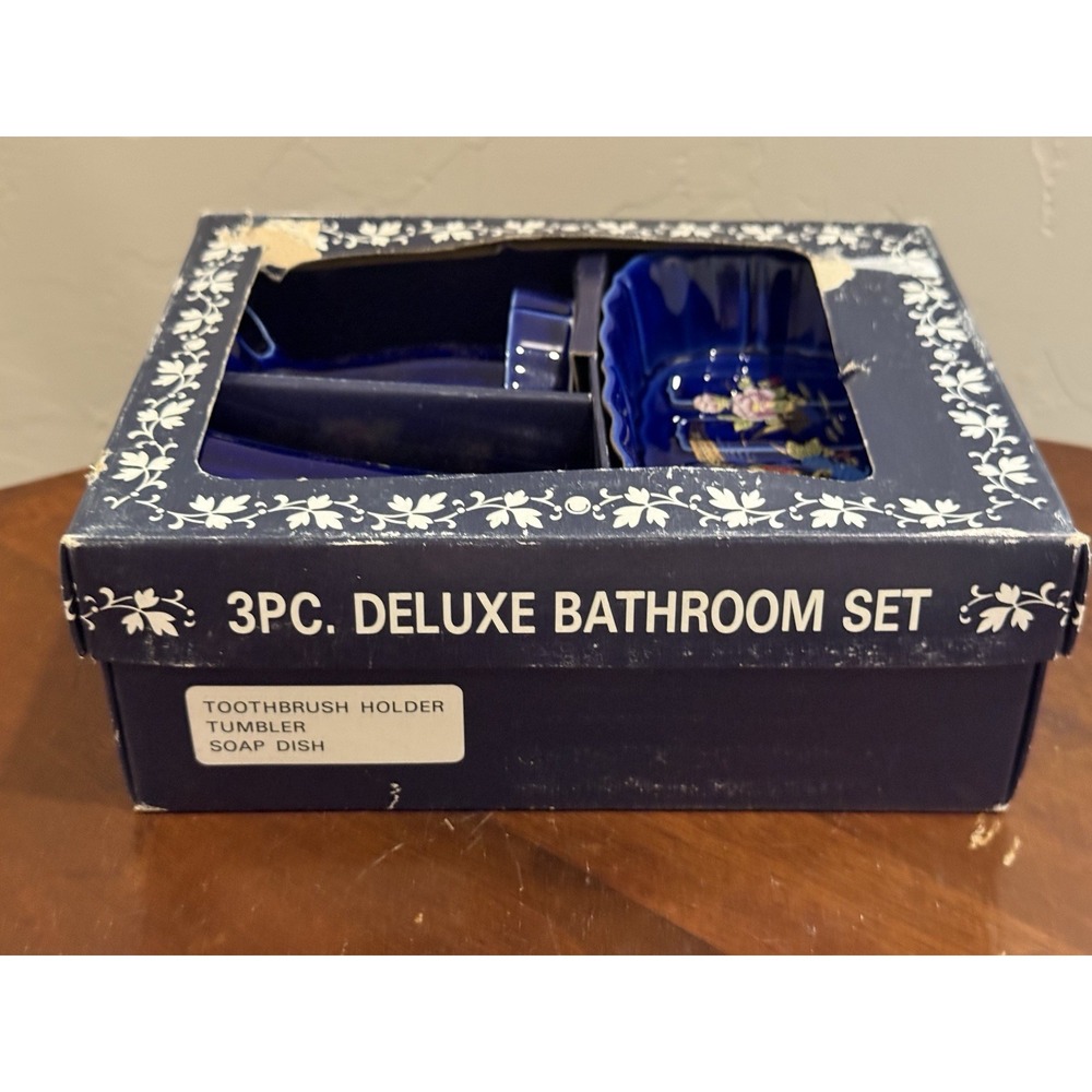 Vintage Kutani Japan Cobalt Blue Porcelain 3 Pc Deluxe Bathroom Vanity Set Box
